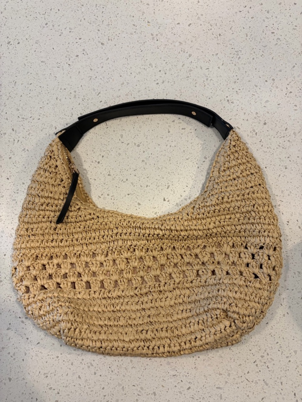 Woven Straw Shoulder Bag with Black Handle - Natural